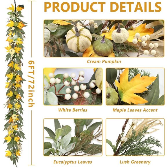 6 Ft Fall Garland for Mantle Fall Decorations for Home Porch Fall Maple Leaves G - Picture 3 of 9